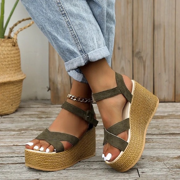 Shoes - 767. CLEARANCE Olive Green Buckle Wedge Platform Heel Shoes